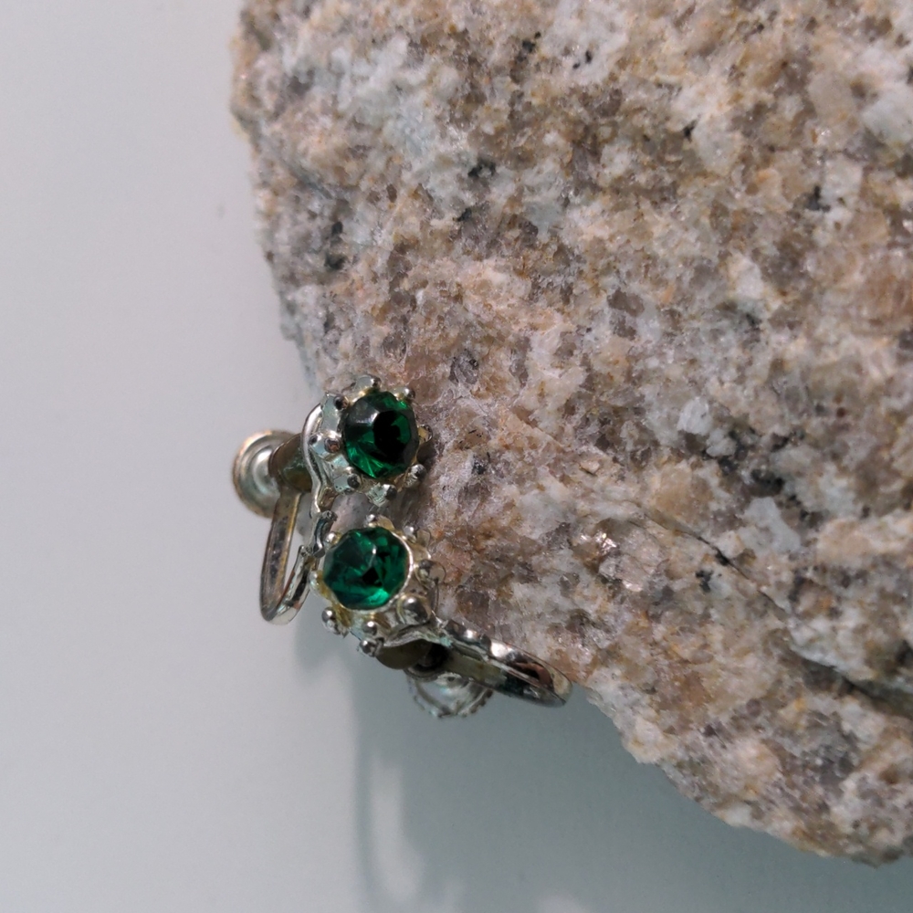 Vintage Screw on Earrings with green stone and crystals